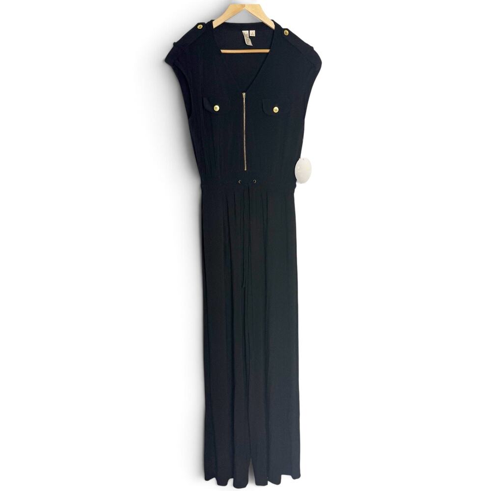 Emma & Michele Black Wide Leg Zip V-Neck Cap Sleeve Travel Utility Jumpsuit S